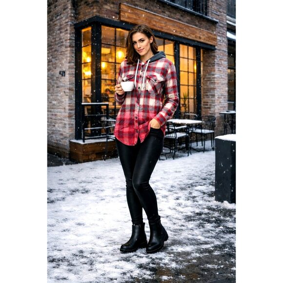 Empyre Tops - Empyre Hooded Plaid Flannel Shirt Jacket Burgundy Gray Ombre Hoodie Skate Street